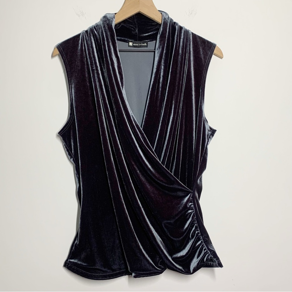 Valerie Bertinelli gray velvet sleeveless gathered faux wrap top